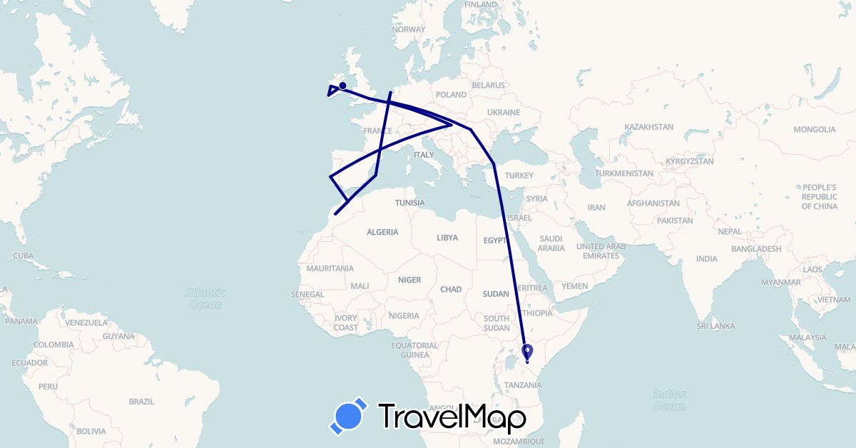 TravelMap itinerary: driving in Belgium, Spain, United Kingdom, Hungary, Ireland, Kenya, Morocco, Netherlands, Portugal, Romania, Turkey (Africa, Asia, Europe)